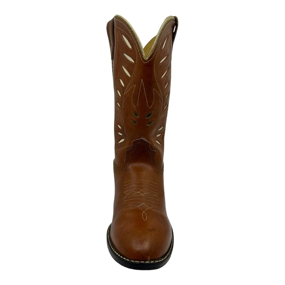 Acme Cowpuncher Western Boots Womens 5D Tan Leather Good Contrast Stitching VTG.